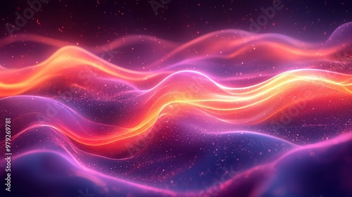 Colorful waves of light create a surreal atmosphere in a digital landscape resembling cosmic energy at night