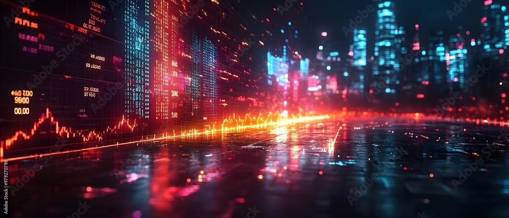 Fototapeta premium neon stock market growing arrow at the black screen. digital financial growth, stock price increase, market analytics and growth, economic performance