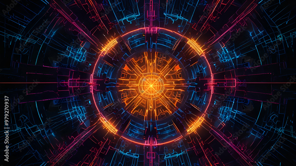 Symmetrical neon grids creating a glowing, futuristic kaleidoscope.
Symmetrical neon grids creating a glowing, futuristic kaleidoscope.