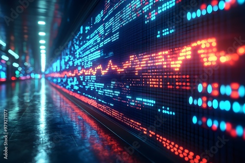 neon green and blue stock market rates at the black screen, digital arrow come out from it. real-time stock price movement, currency exchange rate fluctuations, currency stock and investment economy