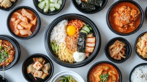 Korean food, snack, gimbap, bulgogi, rice bowl, bibimbap, stir-fried spicy pork, cheese, flying fish roe, rice cake, dumpling soup, tteokbokki, sundae, and Rabokki, food, dish, meal, dinner, rice