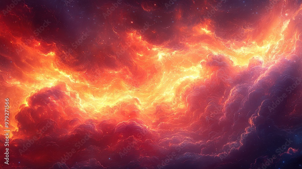 Vibrant cosmic clouds illuminated by fiery hues in a distant galaxy during a star-studded night sky Vibrant cosmic clouds illuminated by fiery hues in a distant galaxy during a star-studded night sky