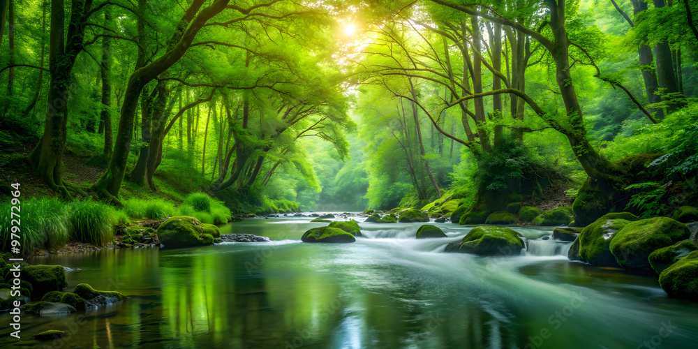 Obraz premium Water flowing peacefully through lush green forest, nature, stream, river, tranquil, serene, foliage, trees, peaceful