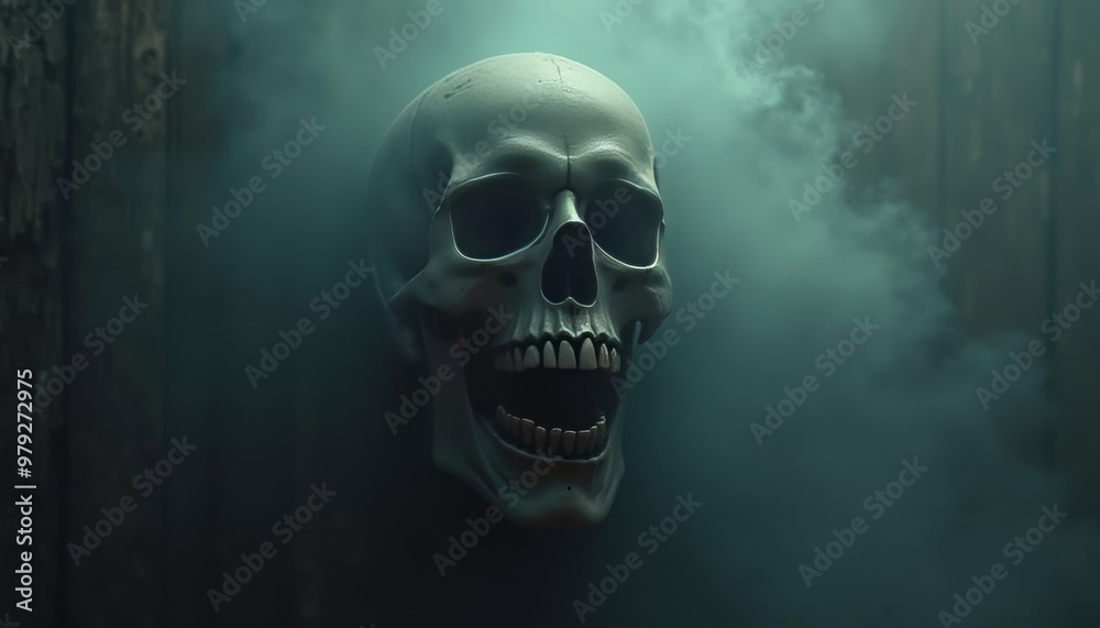 Eerie skull with a haunting expression set against a dark misty background Eerie skull with a haunting expression set against a dark misty background