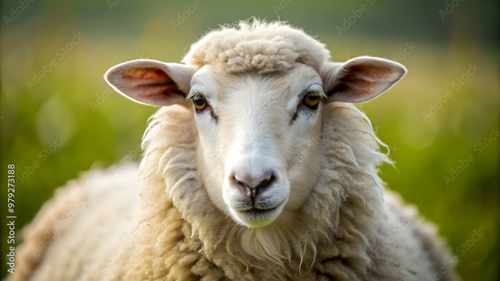 Close-up of a sheep with fluffy white wool , farm animal, livestock, woolly, fluffy, cute, mammal, domestic Close-up of a sheep with fluffy white wool , farm animal, livestock, woolly, fluffy, cute, mammal, domestic