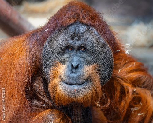 Sumatran orangutan (Pongo abelii) detail of the head. Extremely detailed face. Beautiful vivid red hair. The Sumatran orangutan is endemic to Sumatra and critically endangered. photo