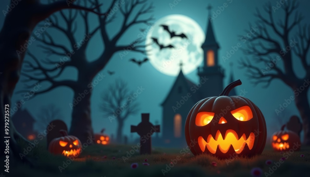 Enchanted Halloween night with glowing jackolanterns and a haunted mansion Enchanted Halloween night with glowing jackolanterns and a haunted mansion
