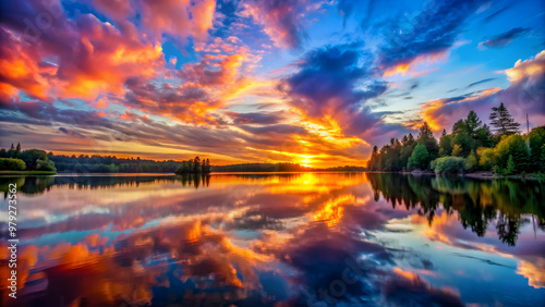 Wallpaper Mural Beautiful sunset over a serene lake with vibrant colors reflecting on the water , sunset, lake, colors, reflection, water Torontodigital.ca