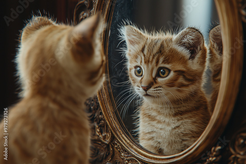 A cute kitten looking in the mirror