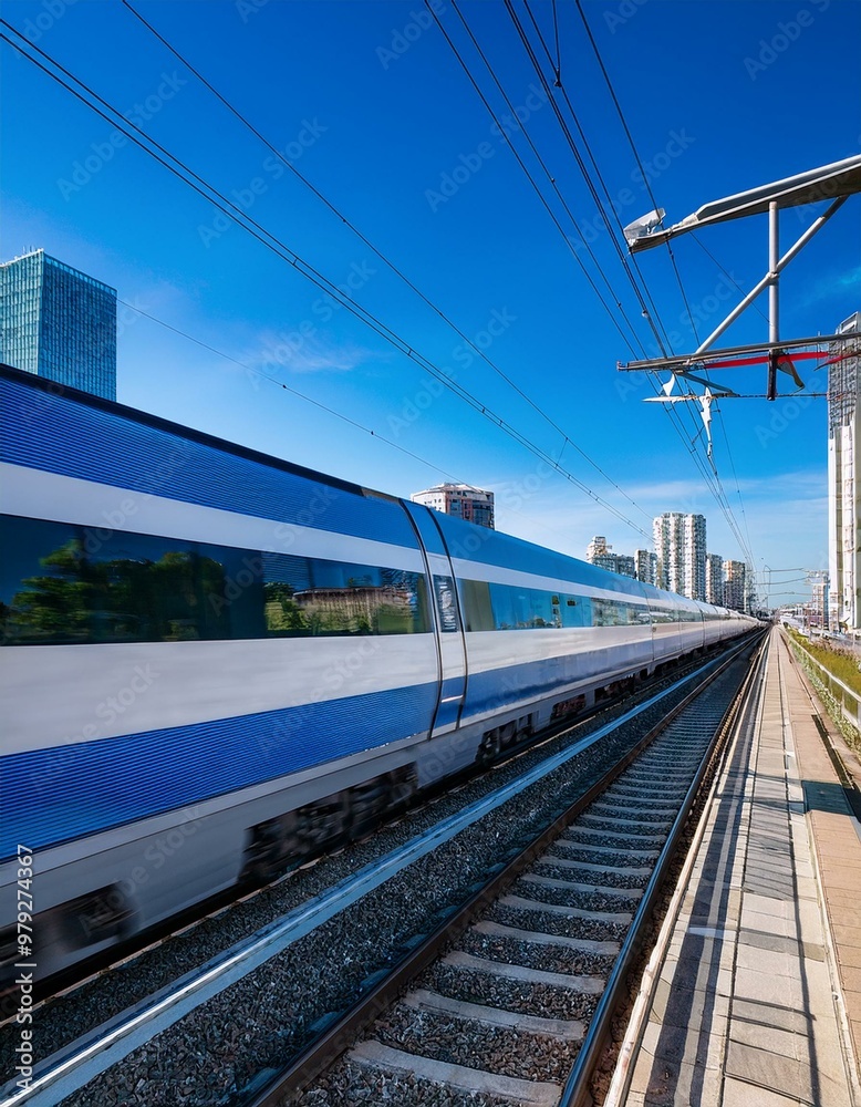 Fototapeta premium High-speed train navigating through a vibrant urban landscape under a clear blue sky