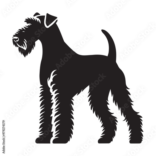 Airedale Terrier dog standing silhouette Design, Dog Vector illustration in black and white
