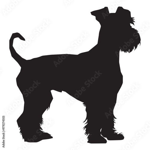 Airedale Terrier dog standing silhouette Design, Dog Vector illustration in black and white
