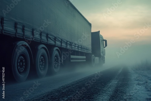 A truck navigating a foggy road, emphasizing transport in challenging weather conditions.