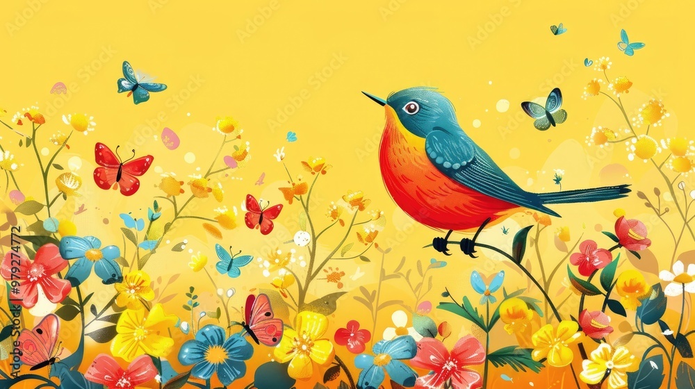 Vibrant and cheerful springtime garden scene with a brightly colored bird perched among the lush blooming flowers and fluttering butterflies Vibrant and cheerful springtime garden scene with a brightly colored bird perched among the lush blooming flowers and fluttering butterflies