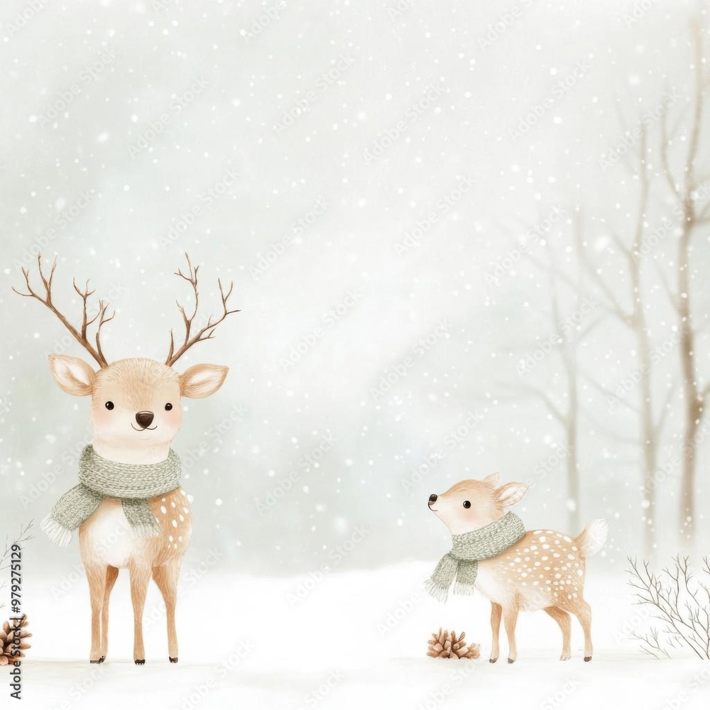 Adorable deer in snowy landscape, featuring a parent and child with cozy scarves, perfect for winter-themed designs. Adorable deer in snowy landscape, featuring a parent and child with cozy scarves, perfect for winter-themed designs.