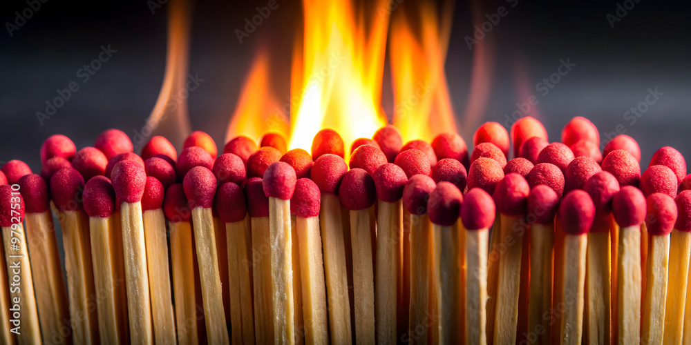 Closeup of matches on a dark background, ignition, flame, matchstick, close-up, burning, red, wood, macro, texture, safety Closeup of matches on a dark background, ignition, flame, matchstick, close-up, burning, red, wood, macro, texture, safety