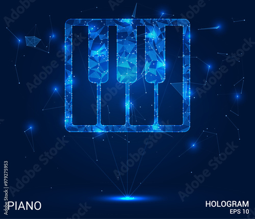 A hologram of a piano. A piano made of polygons, triangles of dots and lines. The piano has a low polygonal connection structure. Technology concept vector.