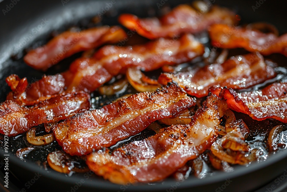 Close up of bacon frying with caramelized onions and garlic the golden edges turning crispy while a fragrant savory aroma wafts from the bubbling mixture Close up of bacon frying with caramelized onions and garlic the golden edges turning crispy while a fragrant savory aroma wafts from the bubbling mixture