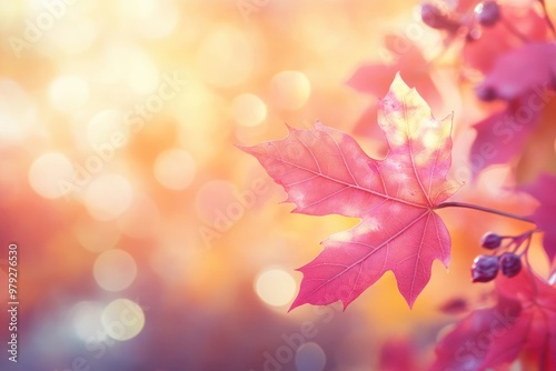 Autumn background with red maple leaves and blurred nature bokeh light effect leaf photography sunlight.