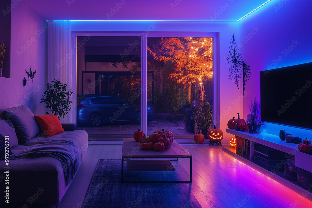 Living room with purple and blue LED lights, and Halloween decorations, pumpkins, spider webs, Living room with purple and blue LED lights, and Halloween decorations, pumpkins, spider webs,