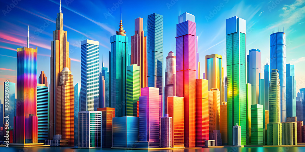 Vibrant futuristic abstract background with colorful skyscrapers against a blue sky , Trendy, futuristic Vibrant futuristic abstract background with colorful skyscrapers against a blue sky , Trendy, futuristic