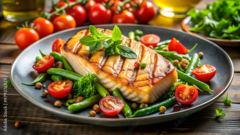 Grilled salmon fillet and fresh tomato salad with lettuce, arugula, broccoli and green beans , Grilled, salmon, fish, fillet Grilled salmon fillet and fresh tomato salad with lettuce, arugula, broccoli and green beans , Grilled, salmon, fish, fillet