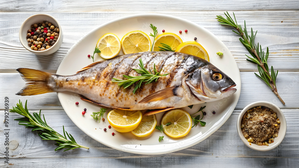 Grilled dorada fish served on a white plate with lemon slices, herbs, and seasonings, baked, fish, dorado, sea bream Grilled dorada fish served on a white plate with lemon slices, herbs, and seasonings, baked, fish, dorado, sea bream