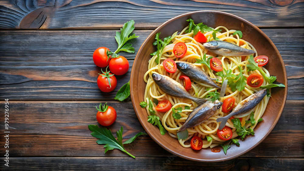 Top view of a plate of whole grain pasta with sardines, tomato, and arugula in Italian Sicilian cuisine, whole grain pasta Top view of a plate of whole grain pasta with sardines, tomato, and arugula in Italian Sicilian cuisine, whole grain pasta