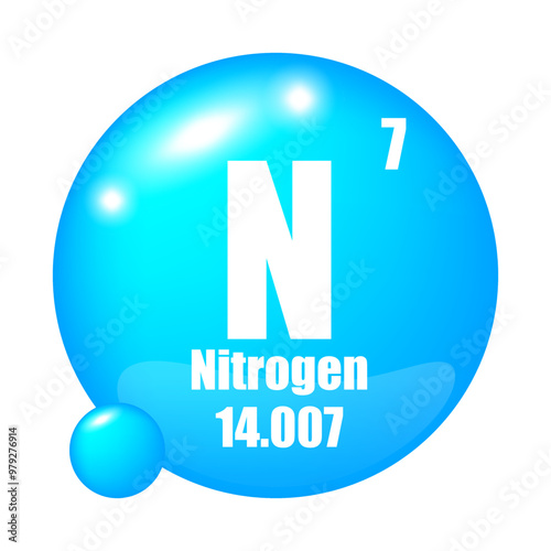 Nitrogen element symbol. N abbreviation. Atomic number 7. Atomic mass 14.007.