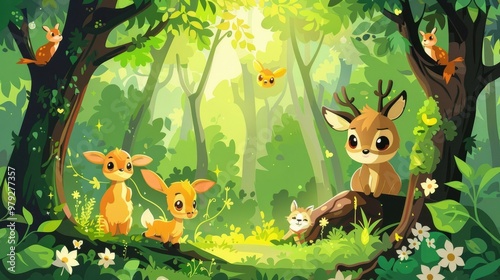 Delightful of a whimsical woodland scene filled with curious and charming cartoon deer rabbits and other animals exploring the lush spring foliage flowers and enchanting forest landscape photo