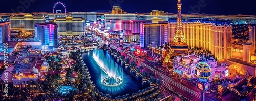 An aerial view of the Las Vegas Strip at night, with vibrant lights, iconic hotels, and fountains dancing to music