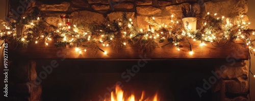 Cozy fireplace adorned with festive garland and warm lights, creating a welcoming ambiance for holiday gatherings.