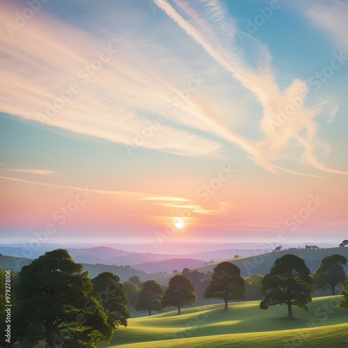 sunset  over the mountain  and beautiful trees
