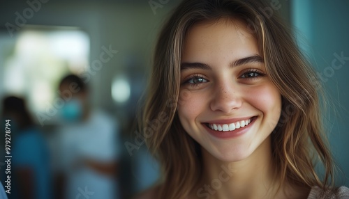 A cheerful young woman smiles brightly, showcasing happiness and positivity in a vibrant setting with blurred backgrounds.