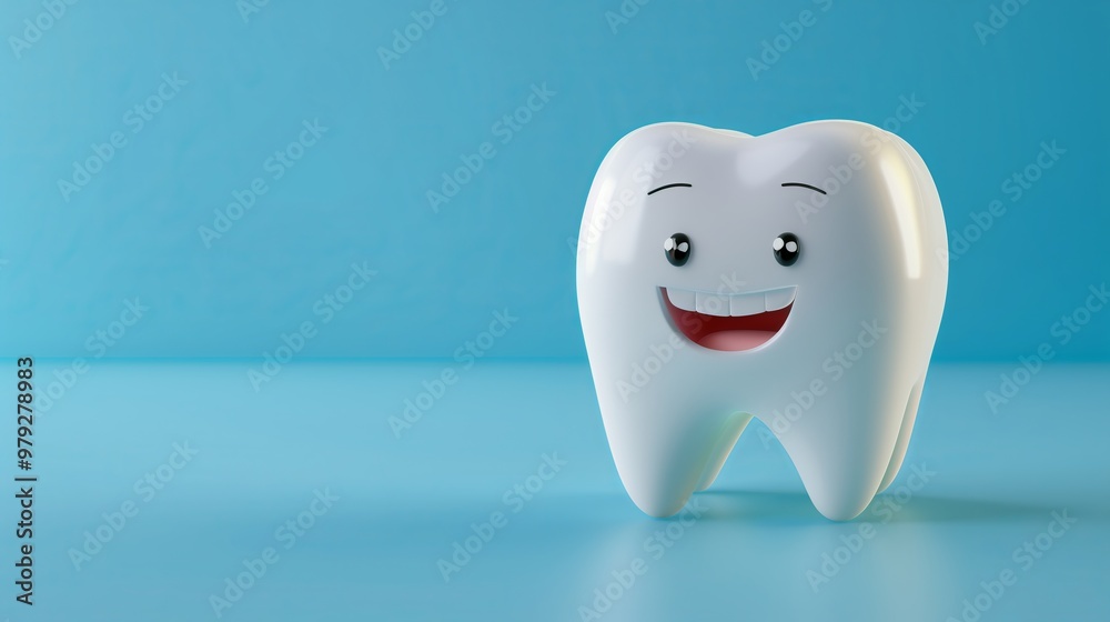 Cartoon tooth with a smile. Tooth looks cute and friendly, with large black eyes and a wide, snow-white smile. The background is made in shades of blue Cartoon tooth with a smile. Tooth looks cute and friendly, with large black eyes and a wide, snow-white smile. The background is made in shades of blue