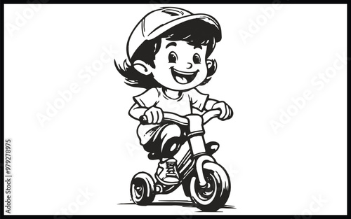 Boy in helmet riding a bicycle. Coloring book for children.