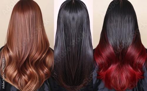 Pictures of three different beautiful hair colors and long straight shiny healthy hair