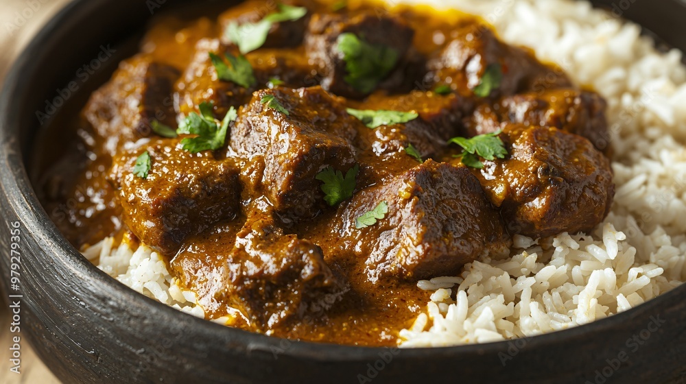 Close up of juicy pieces of meat in a bold masala curry resting on soft basmati rice with a warm aromatic blend of spices filling the air ready to be savored Close up of juicy pieces of meat in a bold masala curry resting on soft basmati rice with a warm aromatic blend of spices filling the air ready to be savored
