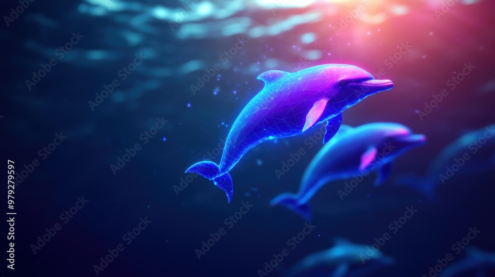 Fototapeta premium A neon-lit underwater scene featuring holographic dolphins swimming with real sea creatures, Cyberpunk, Cool tones, 3D Render