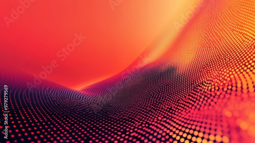 A red and orange background with a wave of dots