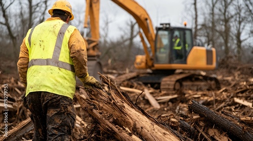 Fototapeta Naklejka Na Ścianę i Meble -  Worker clearing debris with excavator in forest area
