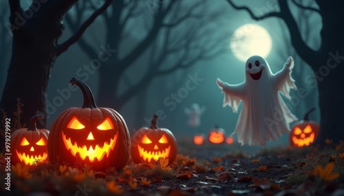  Eerie Halloween scene with glowing jackolanterns and ghostly figure