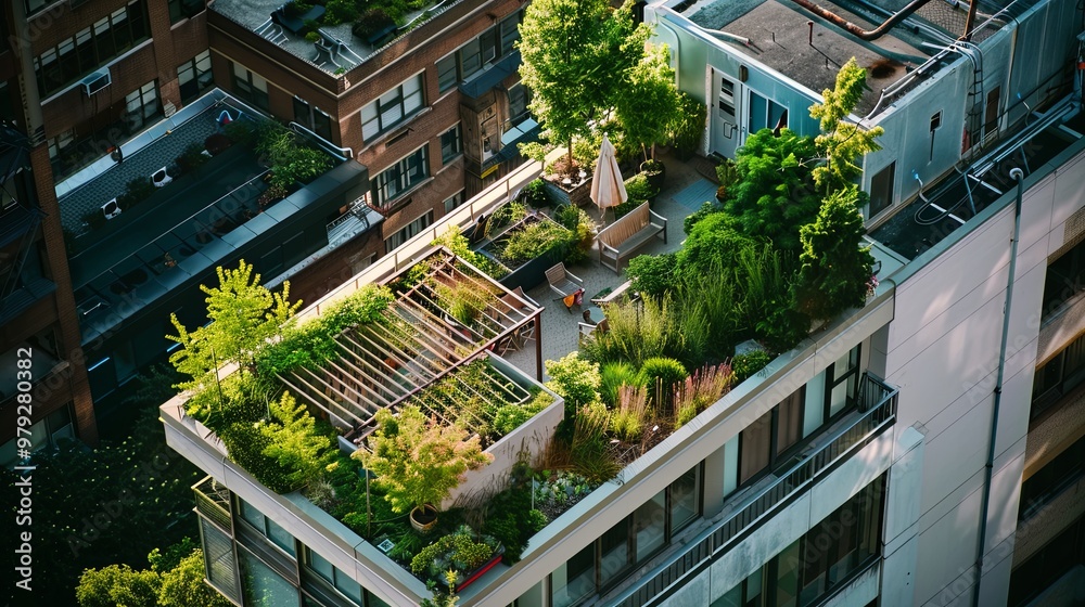 High-angle view of a rooftop garden with various potted plants and chairs, showcasing the harmonious blend of urban greenery and relaxation space in a city environment. High-angle view of a rooftop garden with various potted plants and chairs, showcasing the harmonious blend of urban greenery and relaxation space in a city environment.