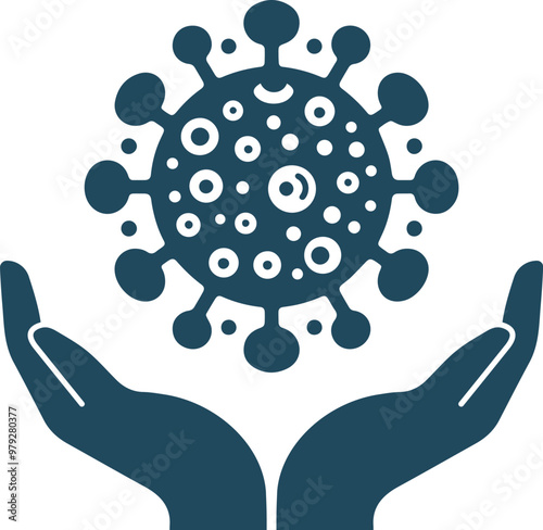 Virus icon on hands, vector. Two hands hold up virus icon design.