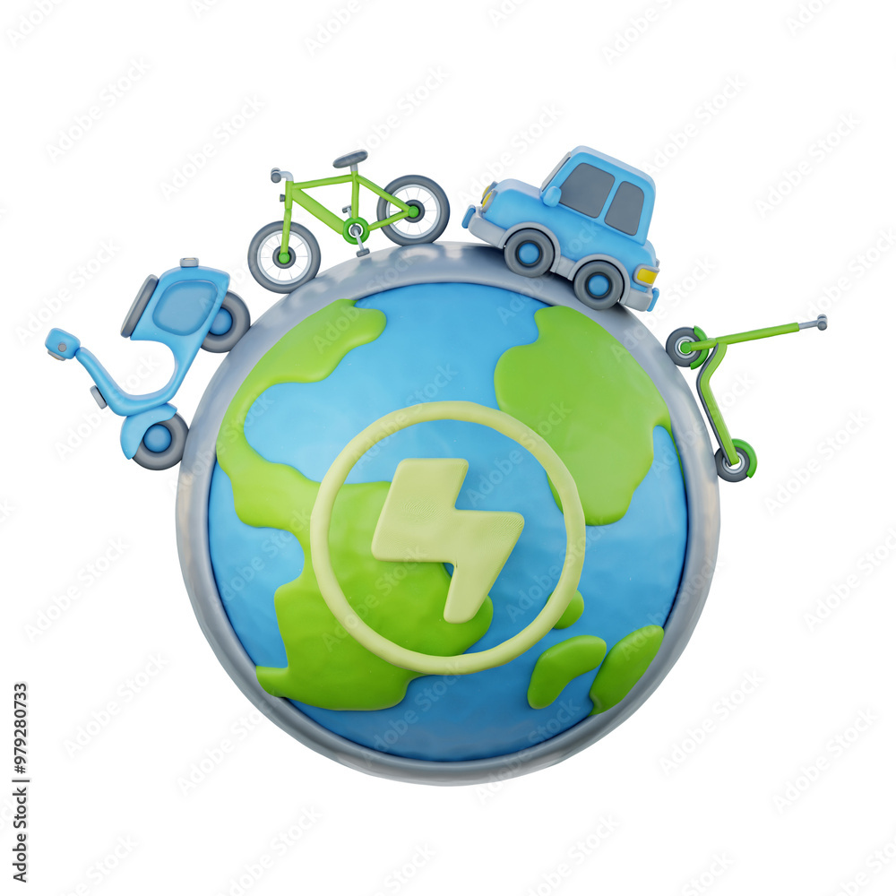 Fototapeta premium 3d World globe with electric vehicle, Environmental Alternative Energy, cartoon style, 3d rendering.