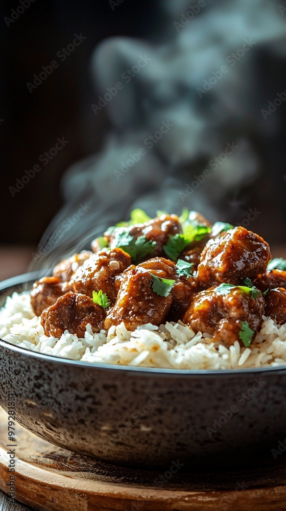 Close up of tender spiced meat simmering in rich masala sauce served over fragrant basmati rice with aromatic steam rising creating a warm and mouthwatering scene Close up of tender spiced meat simmering in rich masala sauce served over fragrant basmati rice with aromatic steam rising creating a warm and mouthwatering scene
