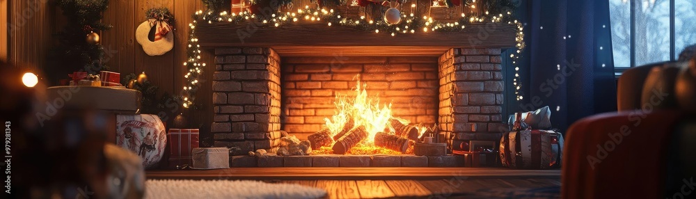 Obraz premium Cozy fireplace scene adorned with festive decorations, perfect for creating a warm holiday atmosphere in a living space.