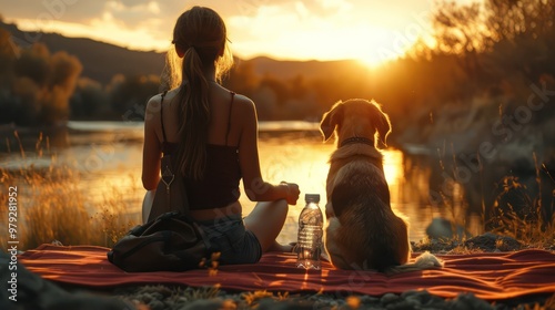Relaxed woman and dog enjoying summer sunset on a hill. and drinks water from a reusable bottle.