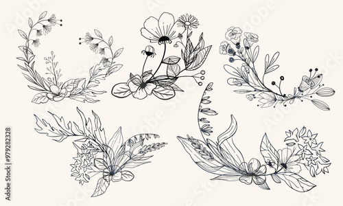 Various flowers & foliage in bouquet, intricate details and delicate forms. Floral frame & Wedding wildflowers for invitation save the date card Etc.
