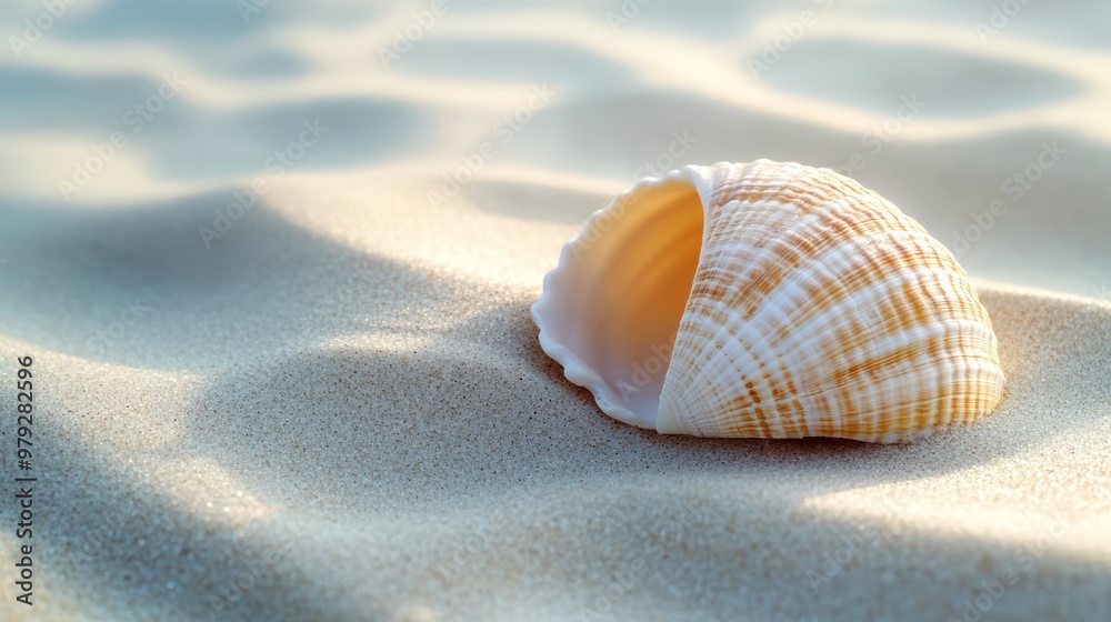 A unique shell, with its delicate curves and soft tones, rests serenely on the sand. Shell isolated on the sand in a lonely and timeless beauty of the sea with copy space on the right side A unique shell, with its delicate curves and soft tones, rests serenely on the sand. Shell isolated on the sand in a lonely and timeless beauty of the sea with copy space on the right side